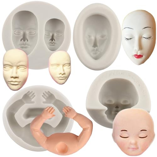 MYPRACS Lot De 4 Moules En Silicone Pour Visage Humain Corps De Poupée Fondant Visage De Bébé Bras De Bébé 3D Pour Décoration De Gâteaux Cupcakes Chocolat Bonbons Pâte De Gomme Argile Polymère