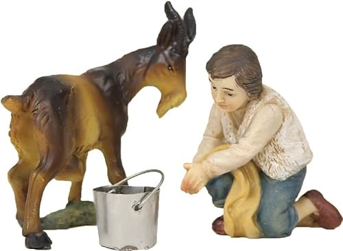 FADEDA 3X Junge mit Ziege beim Melken/Höhe:9 cm/handbemalt/detailgetreue Krippen Figuren - Weihnachten Tisch Dekoration Krippe Zubehör