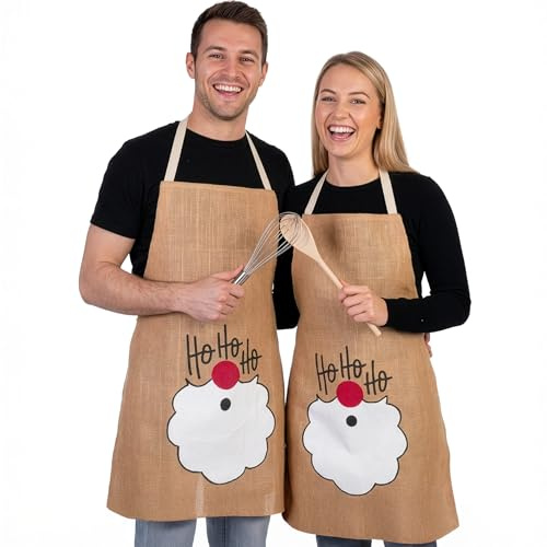 BRUBAKER Weihnachtsschürze HoHoHo - Retro Kochschürze Weihnachten aus Jute - Lustige Schürze Weihnachten für Damen und Herren Küchenschürze