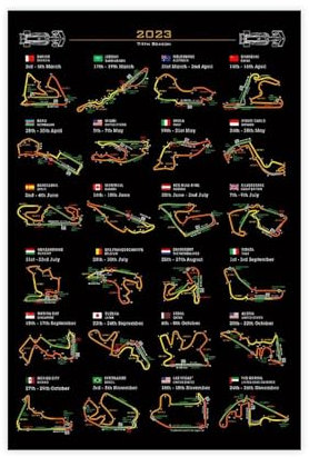 F1-Saison-Kalender 2023, Leinwand-Poster, Wandkunst, Dekor, Bild, Gemälde für Wohnzimmer, Schlafzimmer, Dekoration, ungerahmt, 30 x 45 cm