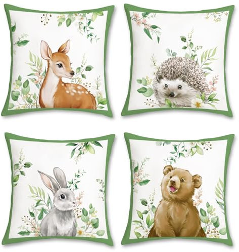 Bonhause Housse de Coussin Animaux 45 x 45 cm Cerf Lapin Ours Feuilles Vertes Décoratif Taie d'oreiller pour Canapé Jardin Enfants Garderie Chambre Décoration 4 Pièces