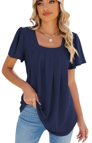 Famulily Solid Color Short Sleeve T-Shirt for Women Square Neck Hollow Shirt Casual Loose Simple Tops for Summer (XXL, Navy)