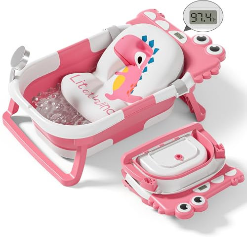 Bañera plegable para recién nacidos, bañera plegable para bebé con termómetro, cojín flotante suave y agujero de drenaje, bañeras portátiles de viaje para recién nacidos a niños pequeños de 0 a 36