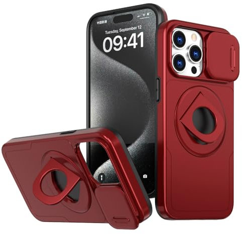 Rdyi6ba8 Coque Compatible avec iphone 14 Pro, Cache-Objectif Coulissant, Protection Caméra Étui, avec Anneau Rotatif à 360° comme Support Housse pour iphone 14 Pro-Rouge