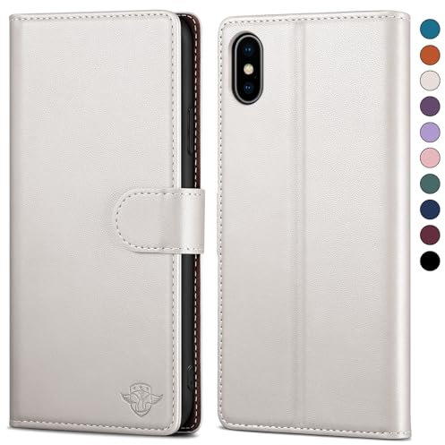 SkyDuck for iPhone X/XS/10 5.8 case Leather Flip,for iPhone X case with [RFID Blocking][Credit Card Holder] with 1 Tempered Glass Screen Protector,Cover Women Men for iPhone XS case White