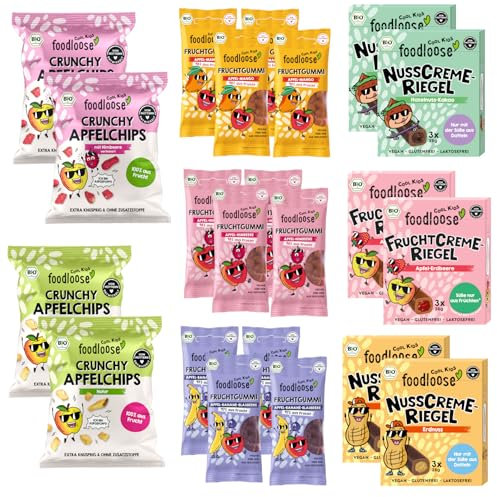 fooodloose COOL KIDS Probierpaket |Leckerer Bio Süßigkeiten Mix mit 24 Snacks ohne raffinierten Zucker, vegan & weizenfrei | Box mit Fruchtgummis, Frucht- und Nusscreme-Riegel & Apfelchips