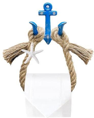 Perfeso.L Porta rotolo di carta igienica da parete in corda nautica, porta asciugamani ad anello con motivo spiaggia costiera e mare, decorazione per bagno, con ganci in metallo, decorazione con