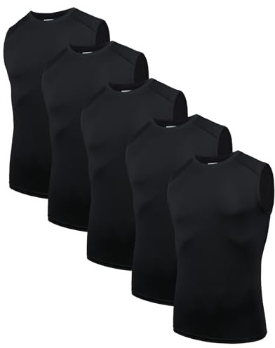 AMZSPORT 5er Pack Herren Tank Top Atmungsaktiv Kompressionsshirt Funktionsshirt Laufshirt Ärmelloses Unterhemd für Sport, Gym, Fitness und Running Schwarz M