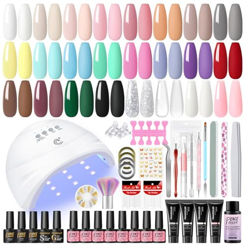 PEACECOLOR 53pcs Kit Ongle Gel UV Complet, 20 Couleurs Kit Vernis Semi Permanent+4 Poly Nail Extension Gel, Base et Top Coat Lampe UV Ongles Gel Nail Art Outil Kit Manucure pour Débutant