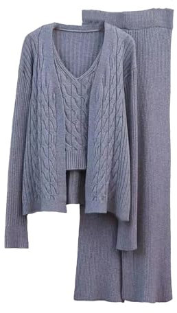 3-teiliges Strick-Set für Damen, Strickjacke, Weste, Pullover, weite Beinhose, lässiger Trainingsanzug-Set, grau, Einheitsgröße