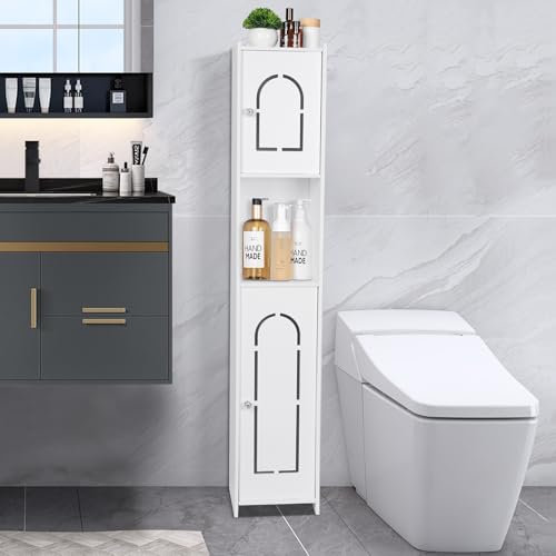 YUET Porte-Papier Toilette Autoportant en PVC Blanc avec Étagère de Salle de Bain, Colonne Organisateur avec Brosse 2 en 1