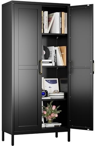 Aobabo Metal Office Shaker Storage Cabinet with 2 Doors and 3 Adjustable Shelves - 155cm High Black Heavy-Duty Cabinet, 4-Tier Tall Steel Cabinets for Garage,Office,living Room Assembly Required