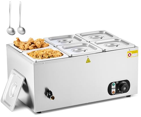 Wilprep Scaldavivande Elettrico a Bagnomaria Scaldavivande Professionale in Acciaio Inox da 1500W con 6 Pentole 1/6 Temperatura Regolabile e Rubinetto di Scarico per Catering e Ristoranti