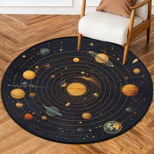 Mexpekil Universe Sonnensystem Planeten Runder Teppich, 92 cm, rutschfest, waschbar, saugfähig, kreisförmig, Teppich, Fußmatten für Wohnzimmer, Schlafzimmer
