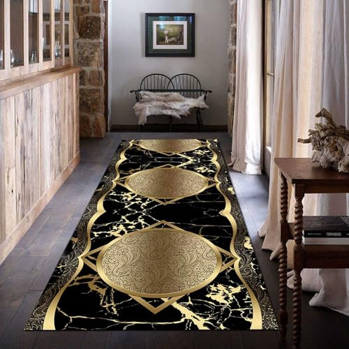 SLDAGe Teppich Läufer Gold Schwarz Luxus Teppich Flur Lang Modern Marmor Rutschfester Küchen Teppiche Läufer für Schlafzimmer Eingang Küche Wohnzimmer Lounge Bodenteppiche,80x260cm/32x102 in