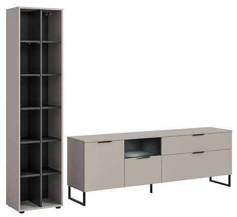 xonox.home – Wohnkombination Noida 290x192x41 cm inkl. Beleuchtung in Kaschmir Nachbildung und Schwarz – Design-Wohnwand mit Licht – edel, großzügig & funktional