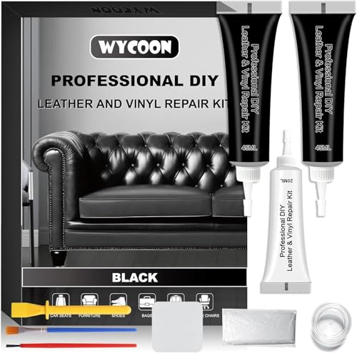 WYCOON Leder Reparatur Set Schwarz - Lederreparatur-Set für Auto, Möbel, Sofa, Jacke, Vinyl - Flüssigleder Farbe mit Farbangleichung & Füllmittel - Repariert Risse, Löcher, Kratzer, Abblätterungen