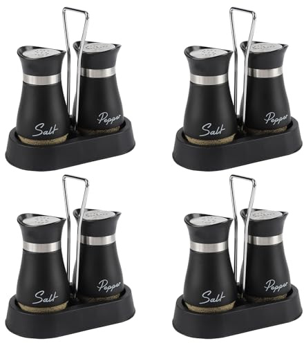 HZPZPP Salt and Pepper Sets, Salt and Pepper Shakers Set – Set of 8 Glass Salt Shakers with Stainless Steel Lids and Holders for Catering, Restaurant, Buffet, Large Families and BBQ Parties (Black)