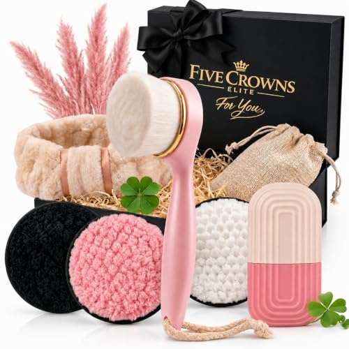 Five Crowns Elite - Cadeau Ado Fille 12-18 Ans, Coffret Beauté Ado Fille, Kit Skincare Adolescente avec Ice Roller, Brosse Visage, Disques Démaquillants & Bandeau Spa, Idée Cadeau Anniversaire Noël