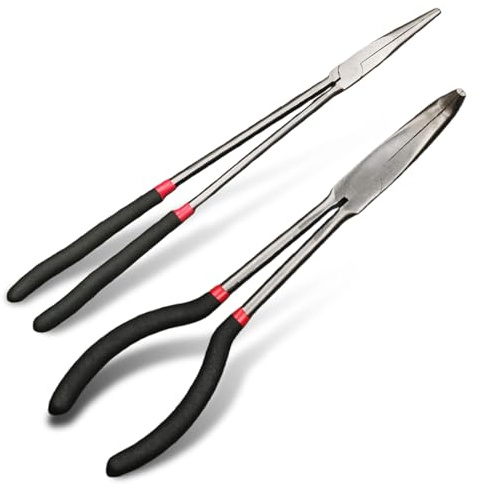 Set di 2 pinze a becchi lunghi 420 mm, pinze a becchi lunghi 90 gradi, pinze a becco lungo in acciaio con manici antiscivolo per lavori sicuri in spazi ristretti