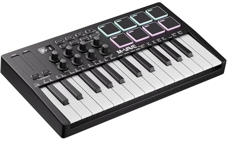 Joinfworld Midi Keyboard 25 Key Portable Mini Bluetooth & USB Midi Piano | Midi Keyboard Controller with 8 Backlit Drum Pad, 8 Knobs, Music Production Software for Computer Recording, Music Production