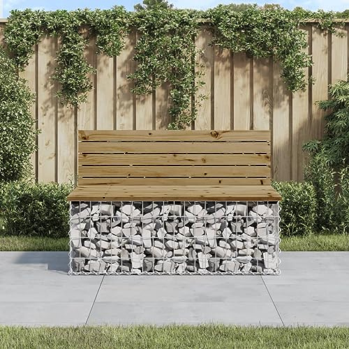 Teenpull Banc de jardin gabion avec assise en pin imprégné, 103 x 70 x 65 cm, cadre en acier galvanisé robuste, résistant aux intempéries, pour jardin, terrasse, extérieur