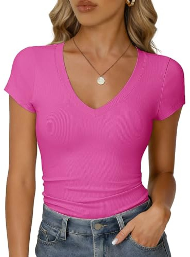 RIROW Damen Sommer T-Shirt V-Ausschnitt Kurzarm Rippstoff Slim Fit Basic | Weiches Hautgefühl, atmungsaktiv elastisch, Gerippte Oberteile, Elegantes Rippshirt, Figurbetont, Casual, Alltag & Freizeit