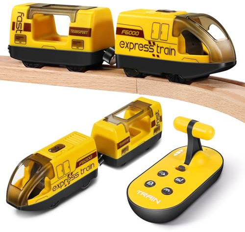 Elektrisches Zugspielzeug, Kompatibel mit Thomas, Brio, Motorisierter Zug Fernbedienung Holzeisenbahn Zug (Magnetanschluss), Eisenbahn Elektrische lok mit 4 Sound- und Lichteffekten (Gelb)