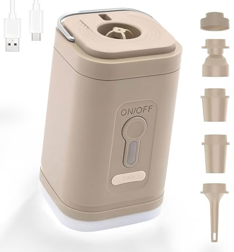Airbed Pump Wireless Mini Portable with Camping Lantern, 4500Pa Electric Air Pump for Inflatables, Rechargeable Air Mattress Pump for Pool Floats, Sleeping Pads, 4 Nozzles, Khaki, 7.8 x 5 cm