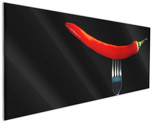 Wallario Küchenrückwand aus Glas 125 x 50 cm, Motiv: Rauchende Chili-Schote an Einer Gabel | Spritzschutz abwischbar & pflegeleicht