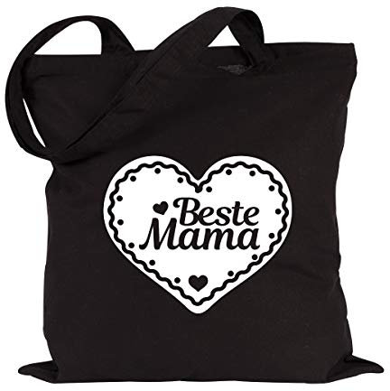 JUNIWORDS Jutebeutel, Wähle ein Motiv & Farbe, Beste Mama (Beutel: Schwarz, Text: Weiß)