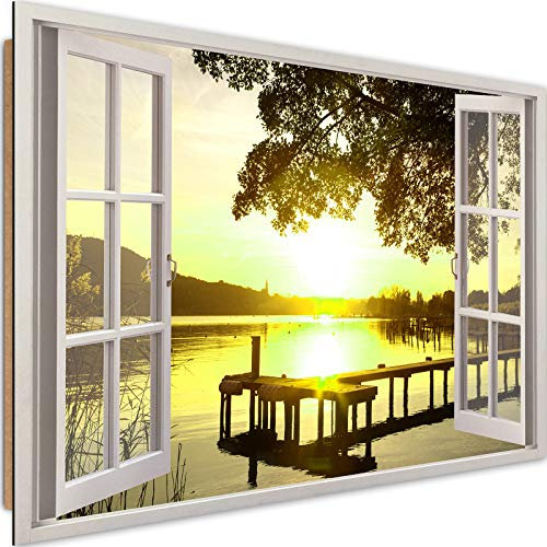 Wandbild XXL Fensterblick Deko Kunst Bilder Sonnenuntergang See Gelb 120x80 cm