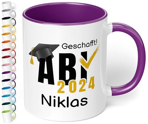 Tasse zum Abitur 2025: „ABI 2025 - Geschafft! Wunschname“ - Kaffeetasse mit Namen personalisiert - Geschenke zum Abitur, Abschlussgeschenk, Geschenk zur bestandenen Prüfung, Violett
