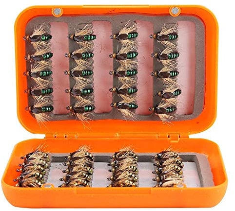 Fly Fishing Lures Kit - 40Pcs Lifelike Fly Fishing Flies Trout Flies Lures Hooks Artificial Bait with Waterproof Box for Fly Fishings(Gold&Green)