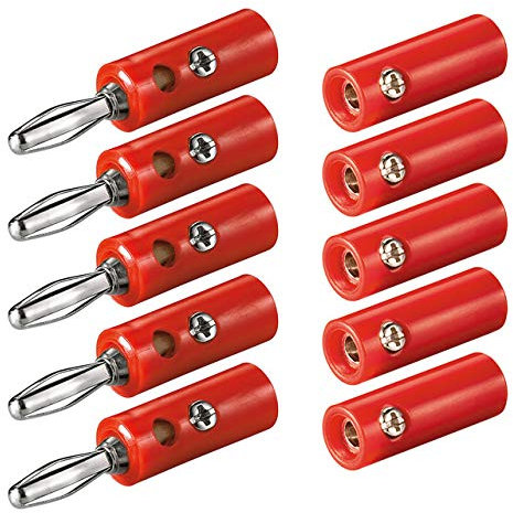 5X Bananenstecker Buchse Set | 4mm | Stecker und Buchse | mit Schraubverschluss | für Lautsprecherkabel AV-Receiver Verstärker | Bananas Banana Lautsprecher Boxen Audio HiFi Kabel | Rot | 5 Stück