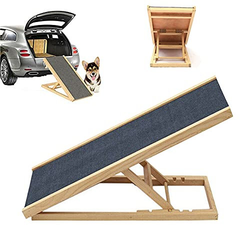 Hunderampe Hundetreppe für Kleine Hunde Katzen Rampe Treppe Auto Klappbar Bett Sofa Holz Hundeleiter Auffahrrampe für Haustiere mit rutschfestem Teppich, 100cm x 45cm, 4 höhenverstellbar 30-60cm