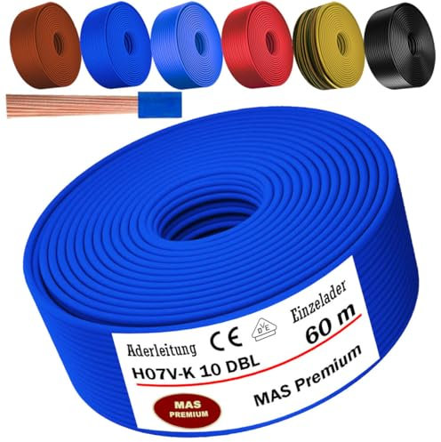 MAS Premium Câble unique H07 V-K de 5 à 100 m - 10 mm² - Noir, marron, bleu foncé, vert jaune, bleu clair ou rouge (bleu foncé, 60 m)