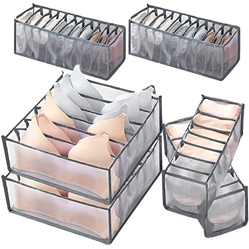 6 Organizador de Cajones de Ropa Interior,Organizador De Ropa Interior Plegable,Divisor de Cajones,Cajas de Almacenamiento para Sujetadores,Bragas,Medias,Corbatas y Bufandas (Rejilla 6+7+11),Gris