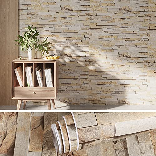 VEELIKE Papier Peint Brique Beige Papier Adhesif Effet Pierre Papier Peint Industrielle Vintage Papier Adhésif pour Meuble Rouleau Papier Vinyl Autocollant Cuisine Lavable Mural Salon Decor 40cm×300cm