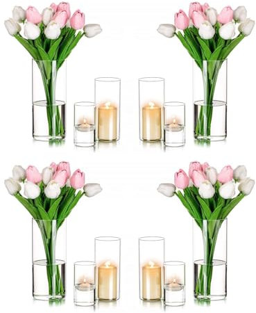 Romadedi Vase Cylindrique en Verre Photophore Bougeoir - Lot de 12 Vases Transparent Haut pour Bougie Décoration Centre de Table Mariage Decoration Maison Salon Anniversaire