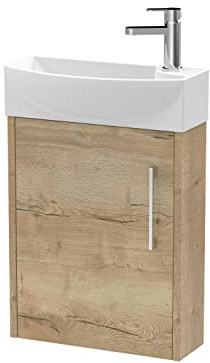 Hudson Reed JNU1861L Juno Compact Modern Cloakroom Wall Hung 1-Door Unit with 1 Tap Hole Left Hand Basin, 440mm, Woodgrain Autumn Oak
