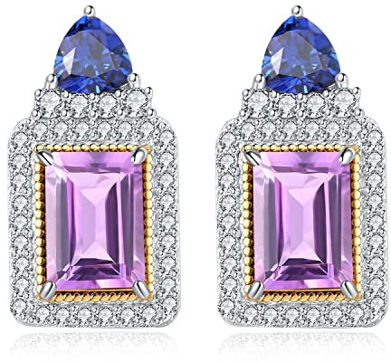 Jewelrypalace Vintage Smaragdschliff 1.5ct Echt Lila Amethyst Halo Ohrstecker Silber 925 Damen, Blau Erstellt Saphir Schmuck Set, Ohrringe Silber Edelstein Mädchen, Naturstein Geschenk für Frauen