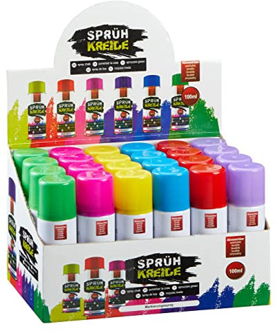Spetebo Sprühkreide wasserlöslich 100 ml Dose - 24er Set - Kreidespray in 6 verschiedenen bunten Farben - Flüssigkreide Markierungsspray abwaschbar Straßen Kreide Marker rot gelb grün pink lila blau
