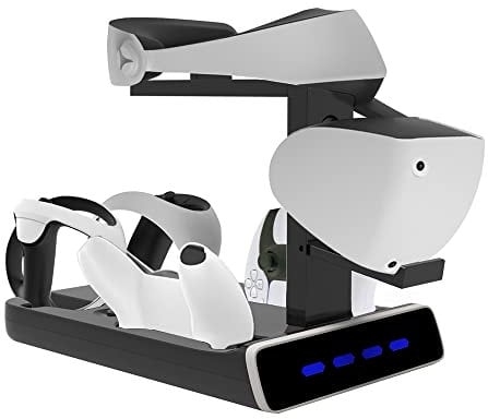 PSVR2 Charging Storage Stand for Playstation VR2 and PS5 Controller - Charging Station with VR Headset Display Stand, 4 Charger Station and LED Indicators