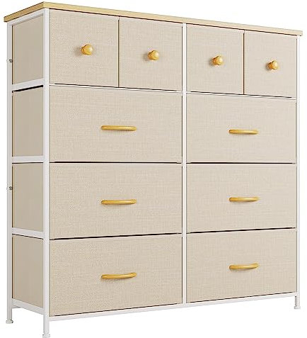 Nicehill Dresser for Bedroom with 10 Drawers, Storage Drawer Organizer, Wide Chest of Drawers for Closet, Clothes, Kids, Baby, TV Stand with Storage Drawers, Wood Board, Fabric Drawers(Beige)