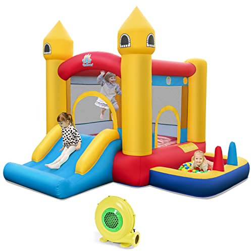 COSTWAY Hüpfburg mit Gebläse, Rutsche, Sprungbereich, Basketballkorb, Bällebad, Ringwurf, Ballwerfen und Ozeanbällen, Kinder Hüpfschloss für Indoor & Outdoor, 306 x 288 x 239 cm
