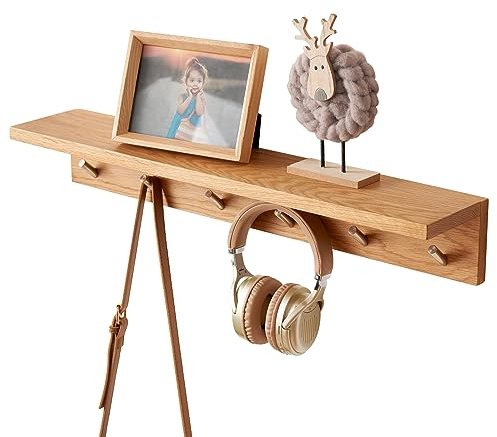 TREOAKWIS Eiche Holz Garderobe Wandhalterung mit Regal 27,5 Zoll Lang Eingang Wandregal mit 6 Haken, Schweberegal mit Haken Wandgarderobe Haken für Badezimmer, Flur, Wohnzimmer