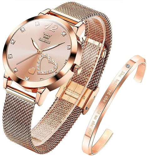OLEVS Damenuhr Roségold mit Herz Diamant Rosa Gesicht Quarz Armbanduhr Wasserdicht Gürtel Armreif Set