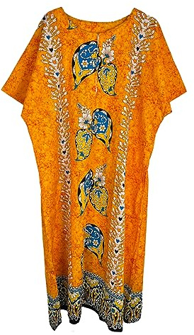 Kiran Fashion damer 100 % bomull lång kaftan klänning sommar etniskt tryck strandskydd en storlek, Orange, en storlek
