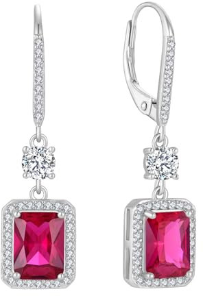 FJ Quadrat Prinzessschliff Hängend Ohrringe Damen 925 Sterling Silber Solitaire Halo Rubin Ohrringe Juli Geburtsstein Schmuck Geschenke für Frauen